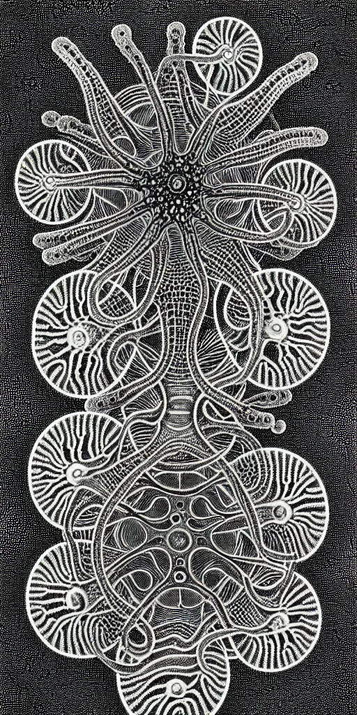 Image similar to a black and white drawing of a variety of sea life, a microscopic photo by ernst haeckel, zbrush central, kinetic pointillism, bioluminescence, intricate patterns, photoillustration