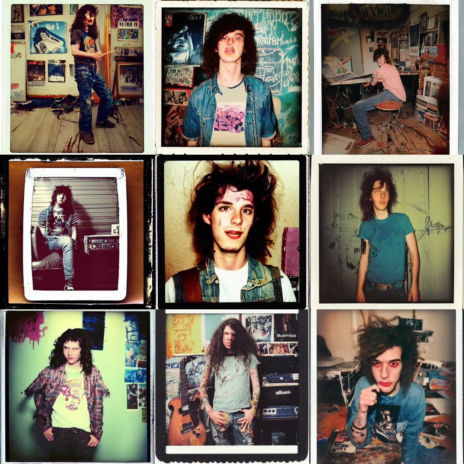 Prompt: instax polaroid film photo of a pretty punk rock young man with messy very long curly dark brown hair and pretty eyes and a band tee painting in a vintage 80s artist studio interior, old wood floors, musical instruments and band posters, messy maximalist interior, warm, nostalgia, faded glow, expired film analog photography, grainy texturized dusty, saturated colorized