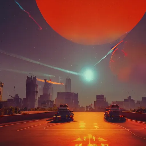 Image similar to SPACE INVADERS game as a city, bustling, rockets, atmospheric, hazy, sweltering, highly detailed, autochrome, 8k, reflections, octane render, unreal engine 5, in the style of Cézanne
