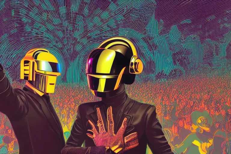 Prompt: portrait of Daft Punk in front of a crowd, artstation winner by Victo Ngai, Kilian Eng and by Jake Parker, swirly vibrant color lines, winning-award masterpiece, fantastically gaudy, aesthetic octane render, 8K HD Resolution