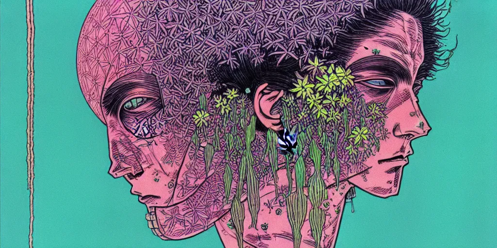 Image similar to risograph grainy drawing futuristic sci - fi antagonist face wearing earrings, photorealistic colors, face covered with plants and flowers, by moebius and satoshi kon and dirk dzimirsky close - up portrait, hyperrealistic