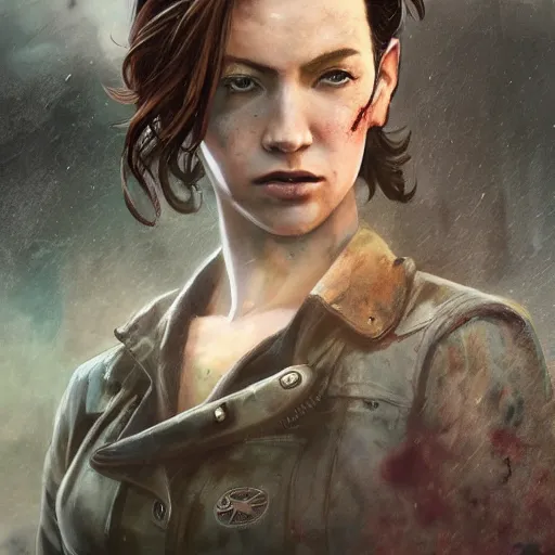 Image similar to fallout 5, charismatic beautiful rugged brunette female protagonist, portrait, outdoors ruined cityscape, atmospheric lighting, painted, intricate, volumetric lighting, beautiful, daytime, slight overcast weather, sharp focus, deep colours, ultra detailed, by leesha hannigan, ross tran, thierry doizon, kai carpenter, ignacio fernandez rios