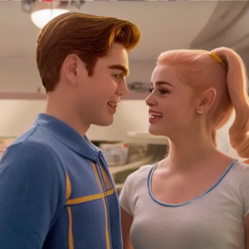 Prompt: Archie Andrews as Luke, Betty Cooper as Leia, movie still from Star Wars