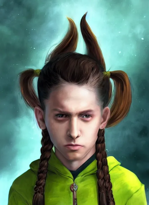 Prompt: An epic fantasy comic book style portrait painting of a mysterious ethereal young feminine green-eyed boy, expressive, angry expression, fair skin, long brown hair worn in two pigtails, his left pigtail is shorter than his right pigtail, he wears a yellow hoodie with a grey undershirt, unreal 5, DAZ, hyperrealistic, octane render, cosplay, RPG portrait, dynamic lighting