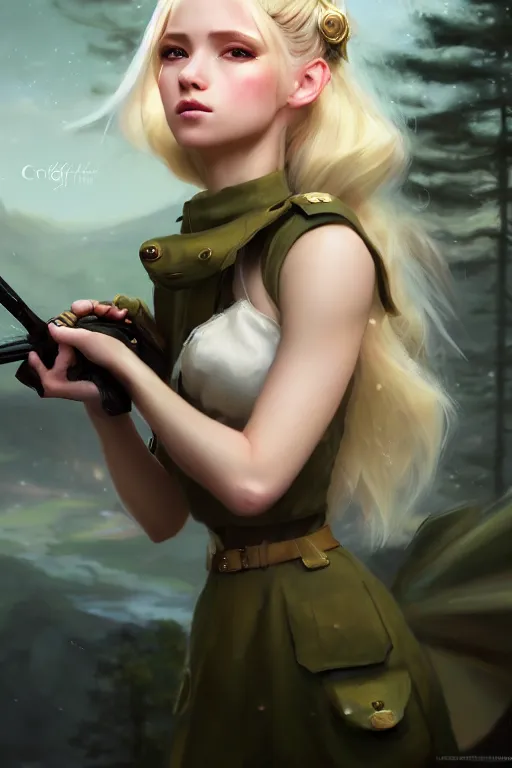 Image similar to cinematic shot of an epic portrait of a cute blonde fairy dressed in military clothes, stylised military clothes, shiny skin, beautiful eyes, beautiful, small details, night setting, realistic poster with volumetric light from craig mallism, artgerm, jeremy lipkin and michael garmash, unreal engine, radiant light, digital art, trends at art station, a masterpiece