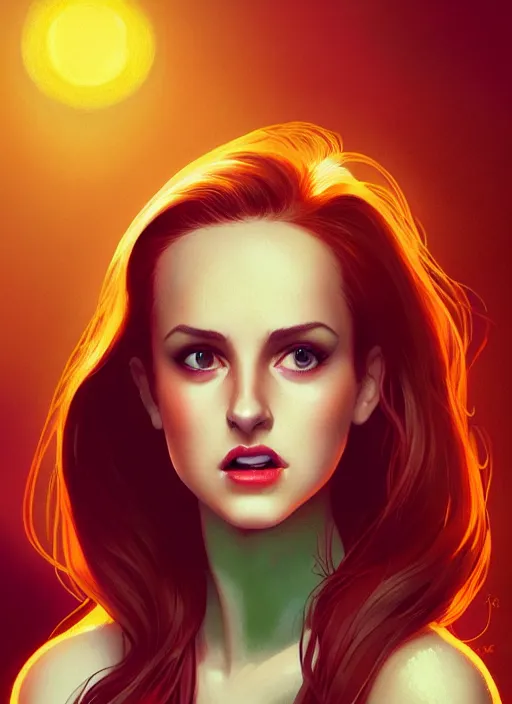 Image similar to full body portrait of teenage cheryl blossom, bangs, green eyes, mischievous expression, red hair, sultry smirk, bangs and wavy hair, intricate, elegant, glowing lights, highly detailed, digital painting, artstation, concept art, smooth, sharp focus, illustration, art by wlop, mars ravelo and greg rutkowski