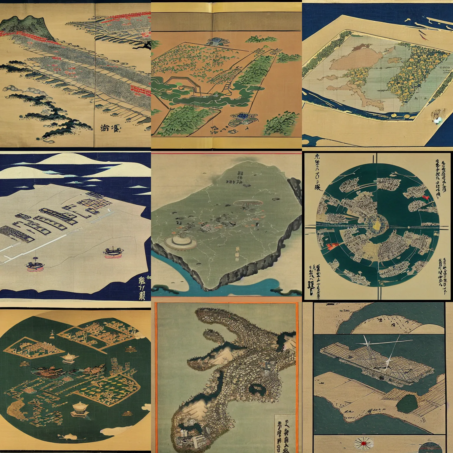 Prompt: map of a futuristic military base, ancient japanese painting