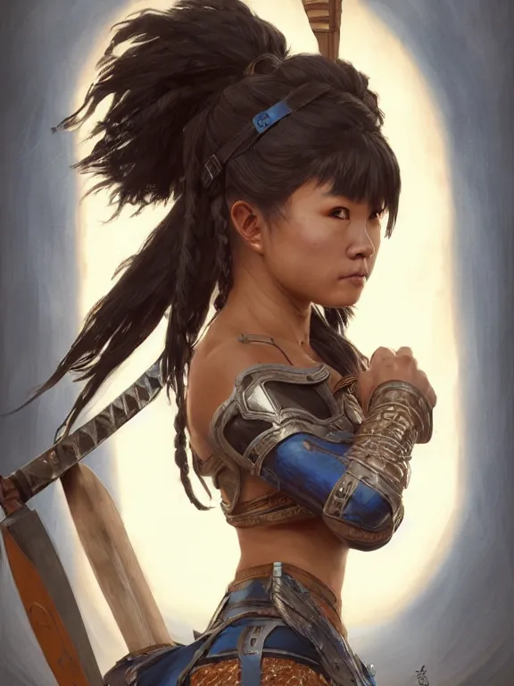 Prompt: portrait of gladiator warrior lady, young, japanese features, dark skin, blue hair, ponytail, brown heavy armor, axe, posing, coliseum background, highly detailed, smooth, sharp focus, digital painting, artgerm and greg rutkowski and alphonse mucha