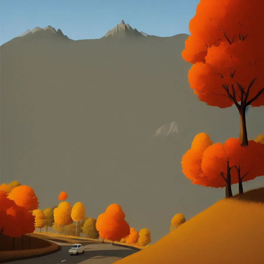 Image similar to goro fujita ilustration distant view of a mountain which is surrounded by a road up the slope. by the roadside are tall autumn trees, painting by goro fujita, sharp focus, highly detailed, artstation