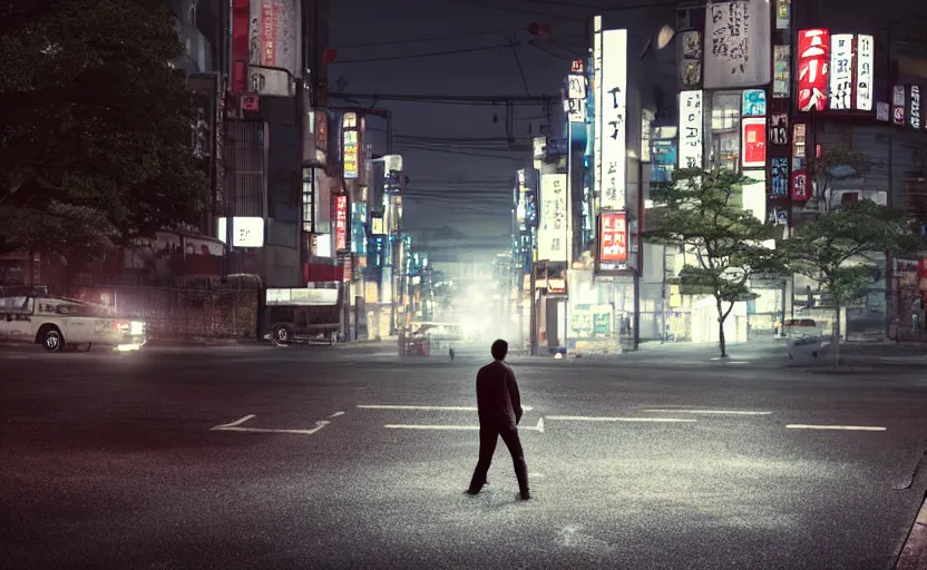 Image similar to a man standing in the middle of a tokyo street at night, a photorealistic painting by Gregory Crewdson, cgsociety, american scene painting, playstation 5 screenshot, matte painting, cryengine