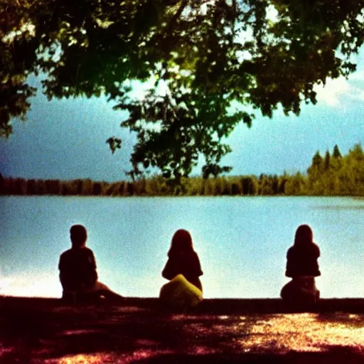 Image similar to color photograph from the sixties of people sitting by a lake in summer looking at a nuclear explosion, faded colors, light leaks