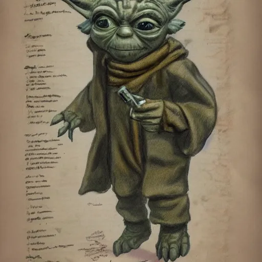 Image similar to Vintage, detailed, colored sketch of Yoda's anatomy, full body, with full descriptions, on parchment