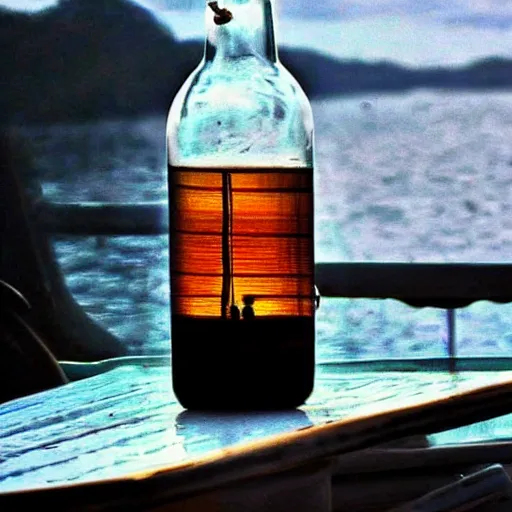 Prompt: A Ship inside a bottle lying on the table, perfect definition,