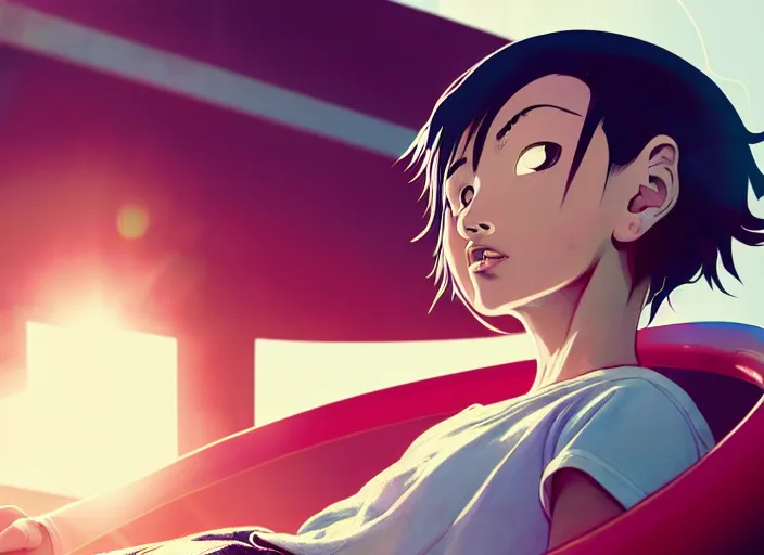 Prompt: closeup portrait of kyoka jiro from my hero academia relaxing in jeans and a t - shirt on a floating pool chair, sunny, bright, reflections, intricate, sharp focus, lens flare, bloom, illustration, highly detailed, digital painting, concept art, matte, art by ruan jia and wlop and greg rutkowski, masterpiece