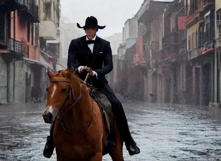 Image similar to first official image from bond 2 6, starring adam driver as agent 0 0 7, riding a horse through the streets of valparaiso, chile in heavy rain. directed by alejandro inarritu. stunning cinematography, kodak vision 2 0 0 t, high contrast, anamorphic lens, chromatic aberration.