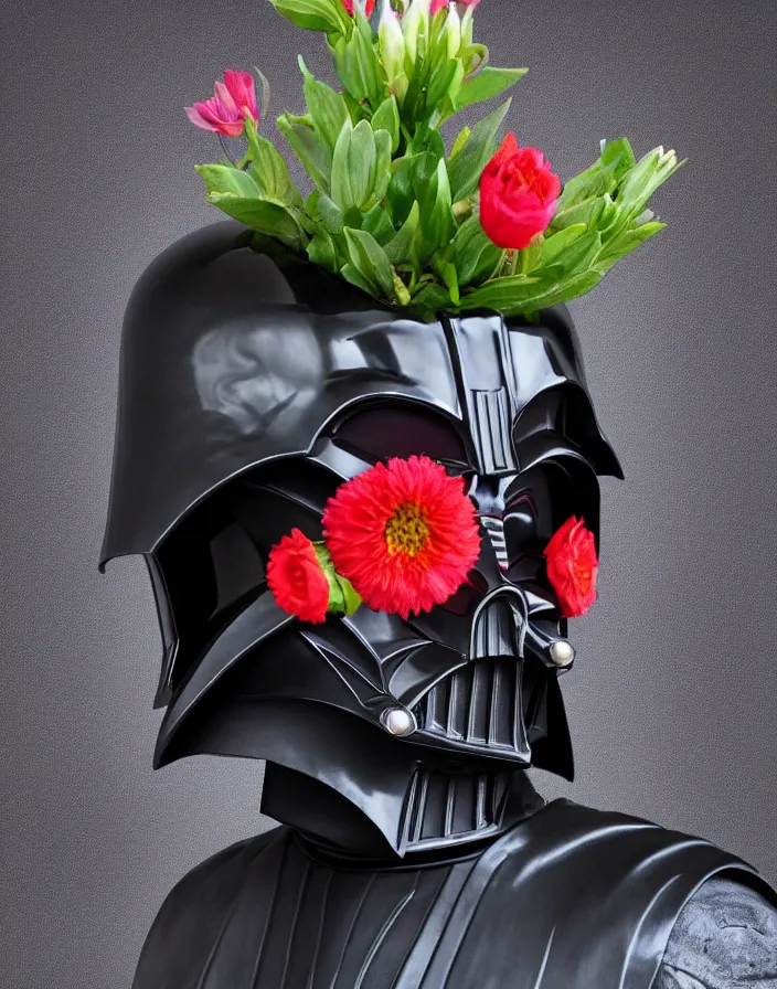 Prompt: a vase in the shape of a dark vader's helmet that contains flowers, ultra detailed, ultra realistic, 8 k, photography,