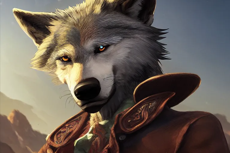 Image similar to character portrait icon of the anthro male anthropomorphic wolf fursona wearing cowboy outfit wild west desperado character design by charlie bowater, ross tran, artgerm, and makoto shinkai, detailed, soft lighting, rendered in octane