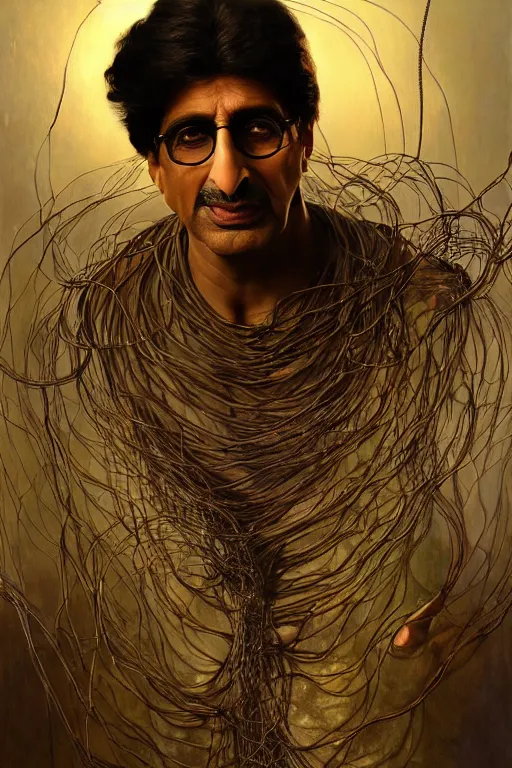 Image similar to hyperrealist portrait of amitabh bacchan, it is decorated with long wires that fall like vines and wears small computers over their body. by jeremy mann and alphonse mucha, fantasy art, photo realistic, dynamic lighting, artstation, poster, volumetric lighting, very detailed faces, 4 k, award winning