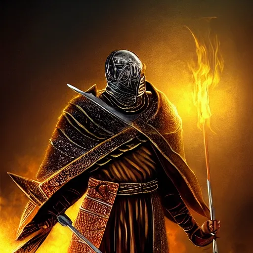 Image similar to Colored shot of dark souls boss using a spear made of gold. He is wearing a roman toga, trending on artstation, fantasy, concept art