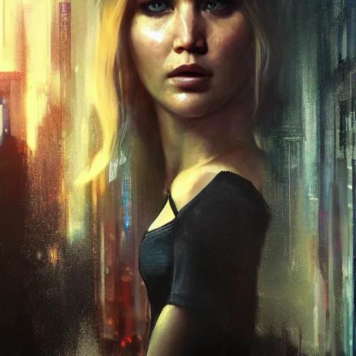 Image similar to jennifer lawrence, hyperrealistic portrait, bladerunner street, art of elysium by jeremy mann and alphonse mucha, fantasy art, photo realistic, dynamic lighting, artstation, poster, volumetric lighting, very detailed face, 4 k, award winning