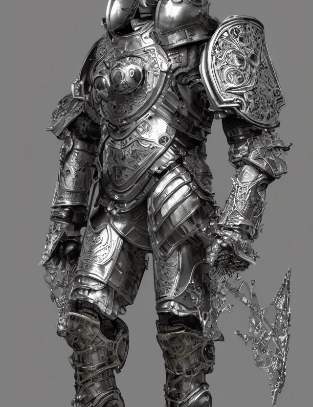 Image similar to full body shot, digital realistic 3 d rendering of a futuristic high tech fused with medieval armor spacepunk intricate armor holy paladin with light powers and intricate head armor, highly detailed, 4 k, hdr, smooth, sharp focus, high resolution, award - winning photo., corona render, substance painter hyper detailed armor. trending on art statation