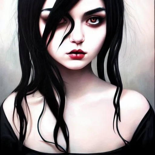 Prompt: a painting of an emo goth mexican girl with long dark hair thick eyebrows dark eyes and dark circles wide nose big eyes oval face shape big cheeks, a photorealistic painting by tran nguyen and ilya kuvshinov, featured on deviantart, gothic art, goth, gothic, detailed painting