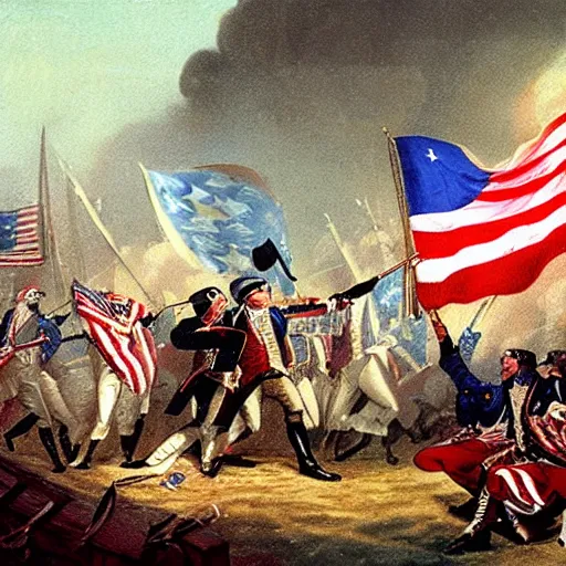 Prompt: assassination of george washington revolutionary war american flags, futurisim