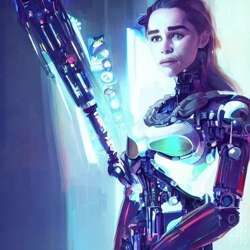 Image similar to a portrait of Emilia Clarke as a beautiful cybernetic techno queen, white woman, cyberpunk concept art by pete mohrbacher and wlop and artgerm josan gonzalez and syd mead, digital art, highly detailed, intricate, sci-fi, sharp focus, Trending on Artstation,