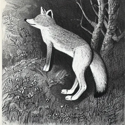 Prompt: candid portrait of clever fox in the forest, night sky, highly detailed, side view, illustrated by peggy fortnum and beatrix potter and sir john tenniel