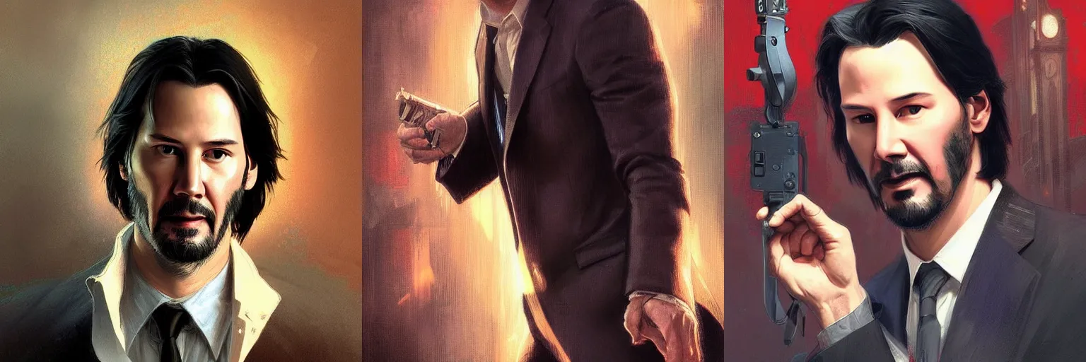 Prompt: portrait of Keanu Reeves as a detective, highly detailed, digital painting, artstation, concept art, sharp focus, illustration, art by artgerm and greg rutkowski and alphonse mucha