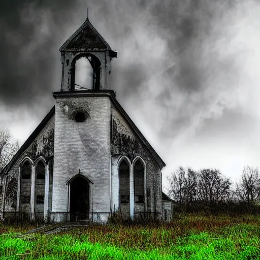 Prompt: Abandoned church covered in moss and surrounded by mist, digital art, dark clouds above