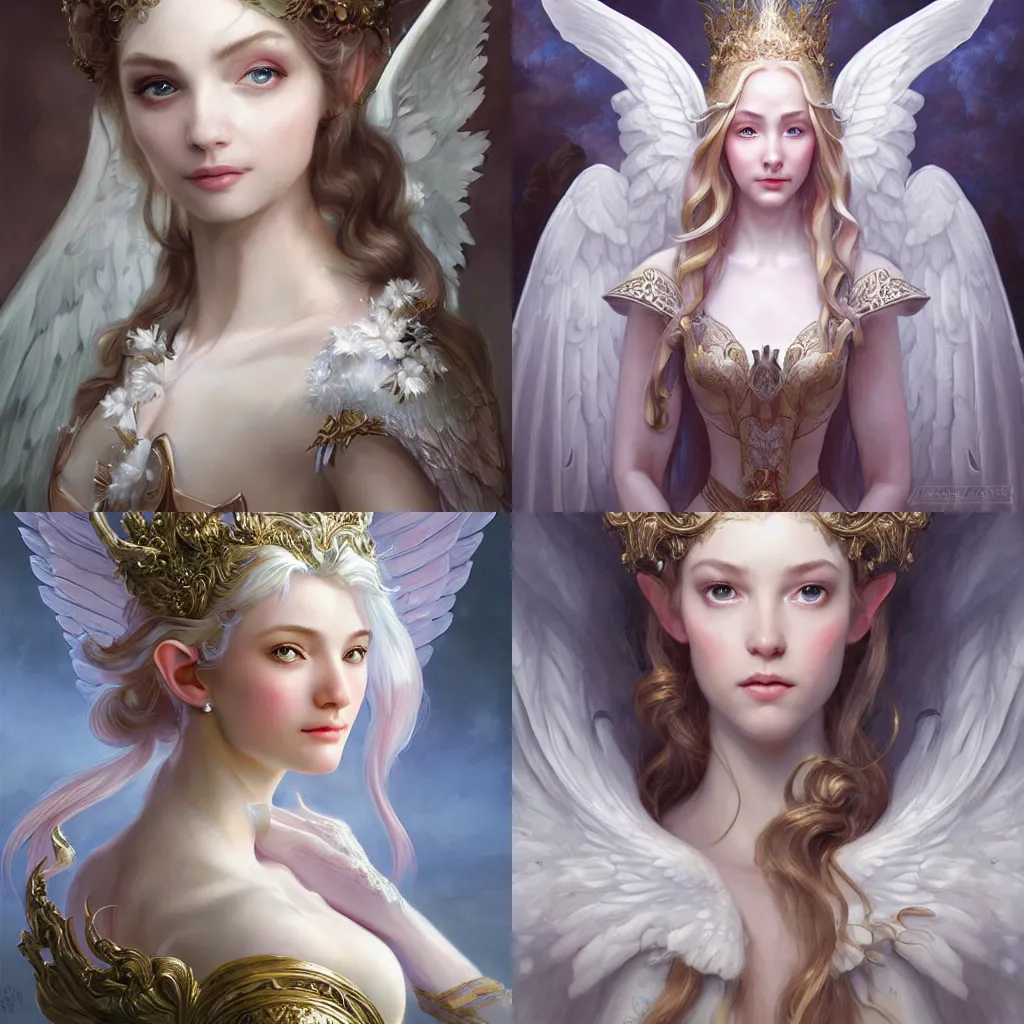 Prompt: A masterpiece portrait of a elven princess baroque rococo girl with tall white amazing with angel wings. trending on artstation, digital art, by Stanley Artgerm Lau, WLOP, Rossdraws, James Jean, Andrei Riabovitchev, Marc Simonetti, Yoshitaka Amano