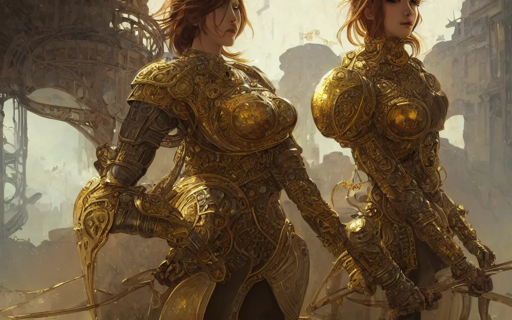 Image similar to portrait knights of zodiac girl, golden color steel armor, in ruined agora of athens, ssci - fi and fantasy, intricate and very very beautiful and elegant, highly detailed, digital painting, artstation, concept art, frostbite engine, smooth and sharp focus, illustration, art by tian zi and wlop and alphonse mucha