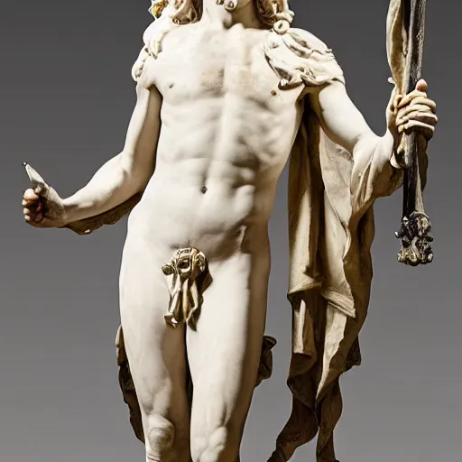 Prompt: a baroque marble statue of a Trojan Priest-King preparing for an epic battle, contrapposto, maximalist, regal n-6