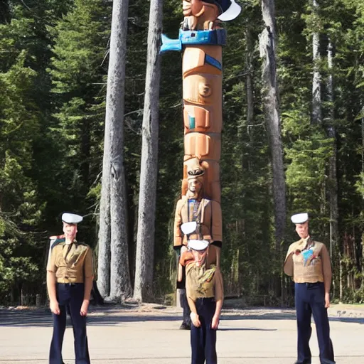 Image similar to us navy officers standing around a totem pole