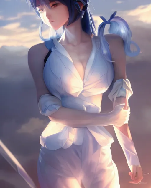 Image similar to a pale korean girl with white hair wearing a blue outfit with blades hovering around her, full shot, perfectly shaded body, atmospheric lighting, detailed face, by makoto shinkai, stanley artgerm lau, wlop, rossdraws