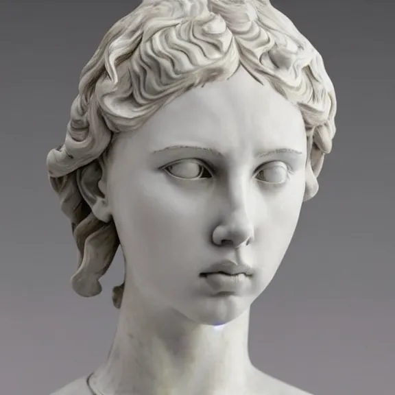 Image similar to a white art nouveau marble and silver sculptural bust of a worried young scarlett johansson as joan of arc, wearing plate armor, delicate, intricate, smooth, beautiful, by charles van der stappen