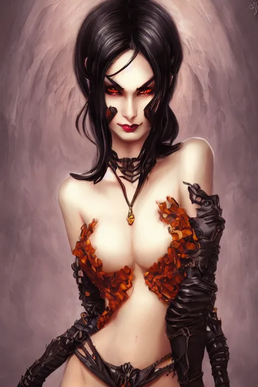 Prompt: female succubus with black hair and amber eyes bust portrait, dnd, fantasy, intricate, elegant, highly detailed, digital painting, artstation, concept art, smooth, sharp focus, illustration, art narcisse navarre