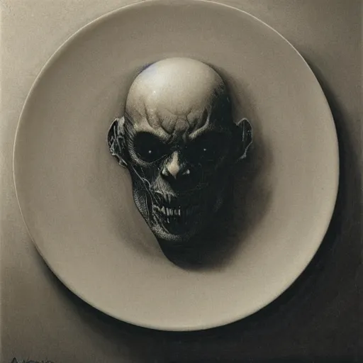 Prompt: aspic on plate, product shot by beksinski, bernie wrightson, trending on artstation, optical illusion, horror film, creepypasta