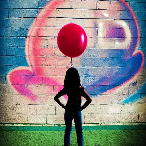 Image similar to a girl holding a balloon at a fairground. buildings with graffiti. silhouette. photograph in the style of simon stalenhag