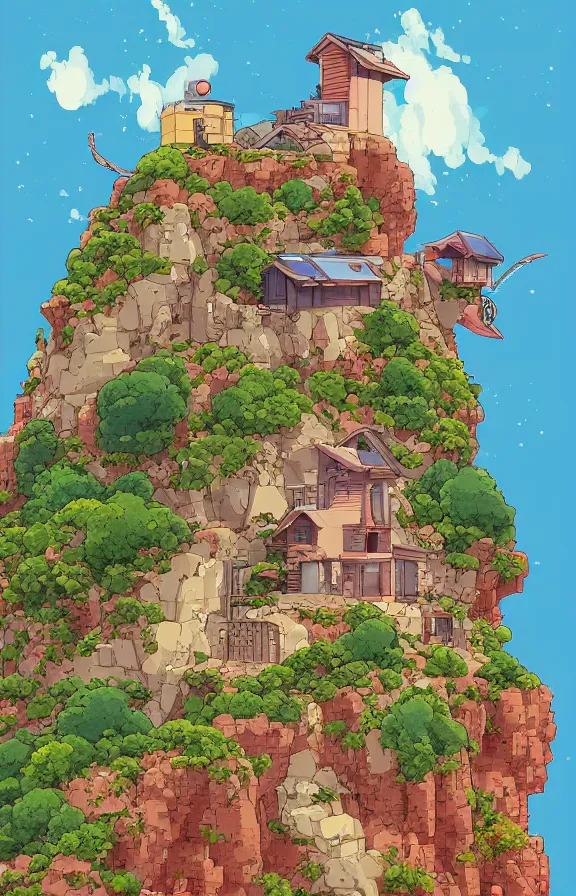 Image similar to house on a mountain, sharp focus, james gilleard, akira toriyama, moebius, print, game art