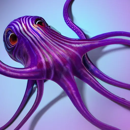 Image similar to a photo of 8k ultra realistic evil purple squid, full body, intricate purple and blue tentacles, ornate