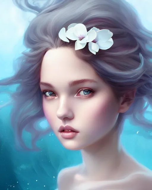 Image similar to character art of a queen of magnolias as windy dusty underwater angelic young female | | seductive - fine - face, pretty face, key visual, realistic shaded perfect face, fine details by artgerm, wlop, tom bagshaw, james jean, andrei riabovitchev, marc simonetti, trending on artstation