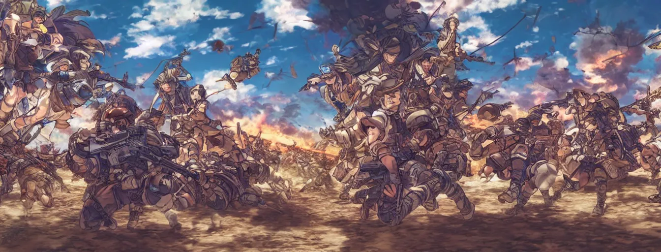 Prompt: soldiers fighting on a battlefield with spirit force flying around. hyperrealistic anime background illustration by kim jung gi, colorful, extremely detailed intricate linework, smooth, super sharp focus, bright colors, high contrast, matte, octopath traveler, unreal engine 5 highly rendered, global illumination, radiant light