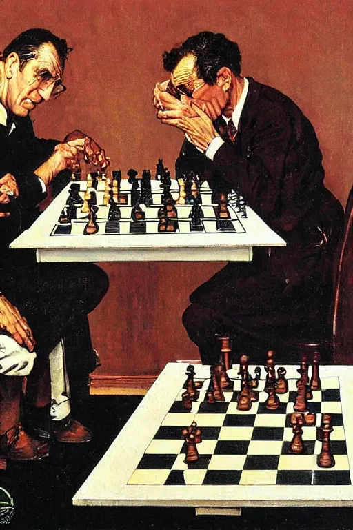 Image similar to franco battiato playing chess painted by norman rockwell