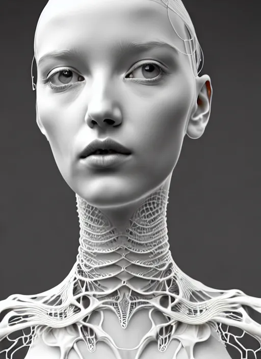 Image similar to dreamy soft bw 3 d render, beautiful angelic biomechanical albino girl cyborg with a porcelain profile face, very long neck, rim light, big leaves and stems, roots, fine foliage lace, alexander mcqueen, art nouveau fashion embroidered collar, steampunk, silver filigree details, hexagonal mesh wire, mandelbrot fractal, elegant, artstation trending
