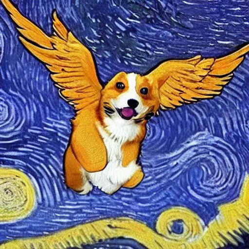 Prompt: corgi with [ angelic wings ]!!, [ flying like a superhero ]!! in the [ night sky ]!! where the stars are visibly perceptible, [ realistic photo ]!!, [ illustrated by vincent van gogh ]!!, trending on artstation