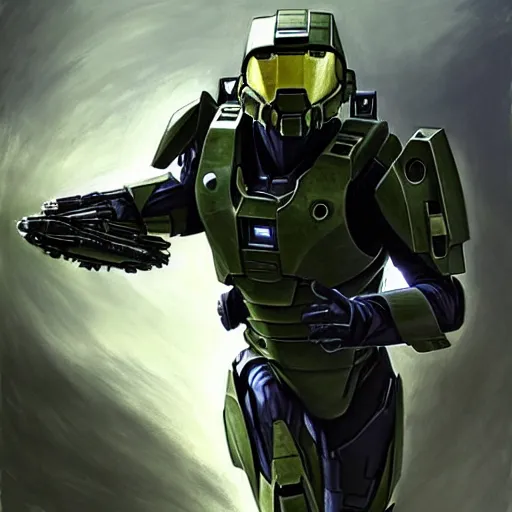 Image similar to Robert Downey Jr wearing Master Chief's armor from Halo, high tech, action shot, angular, full body portrait, futuristic, dramatic, fantasy, intricate, elegant, highly detailed, digital painting, artstation, concept art, matte, sharp focus, illustration, 8K, art by Donato Giancola and James Gurney