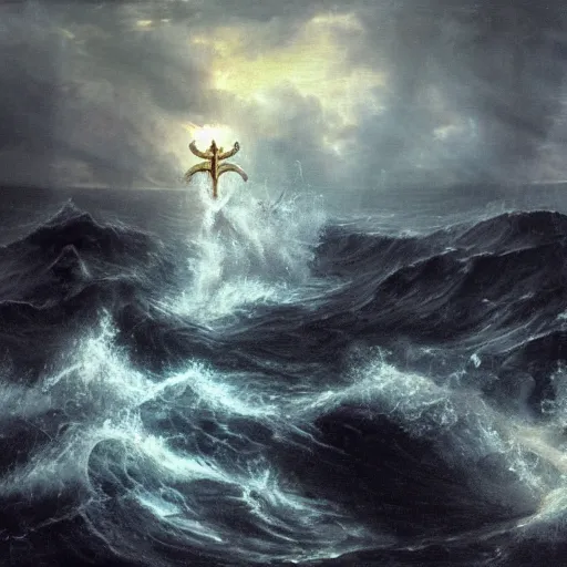 Image similar to poseidon standing at center frame holding a trident, with his back turned to the camera, a storm ahead, high res, oil painting, realistic, water, greek god, epic composition, masterpiece, award winning, low exposure