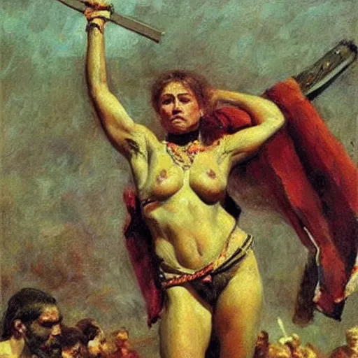 Prompt: muscular warrior women, reply of the zaporozhian cossacks, warrior women, art by ilya repin